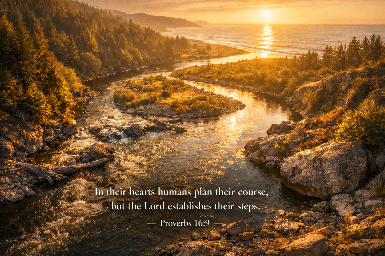 Proverbs 16:9 — Humans Plan, God Directs | River Finds the Ocean Wallpaper
